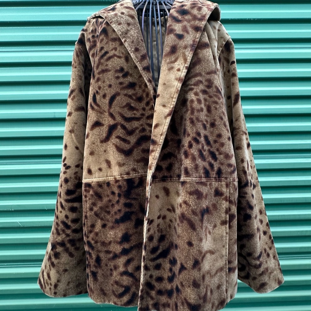 Linda Allard Ellen Tracy Brown BOHO Print Velour Jacket Relaxed Fit Lined Art